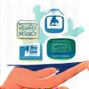 Icon showing a hand interacting with a tablet displaying various financial tools like budgeting apps, investment simulators and educational resources.
