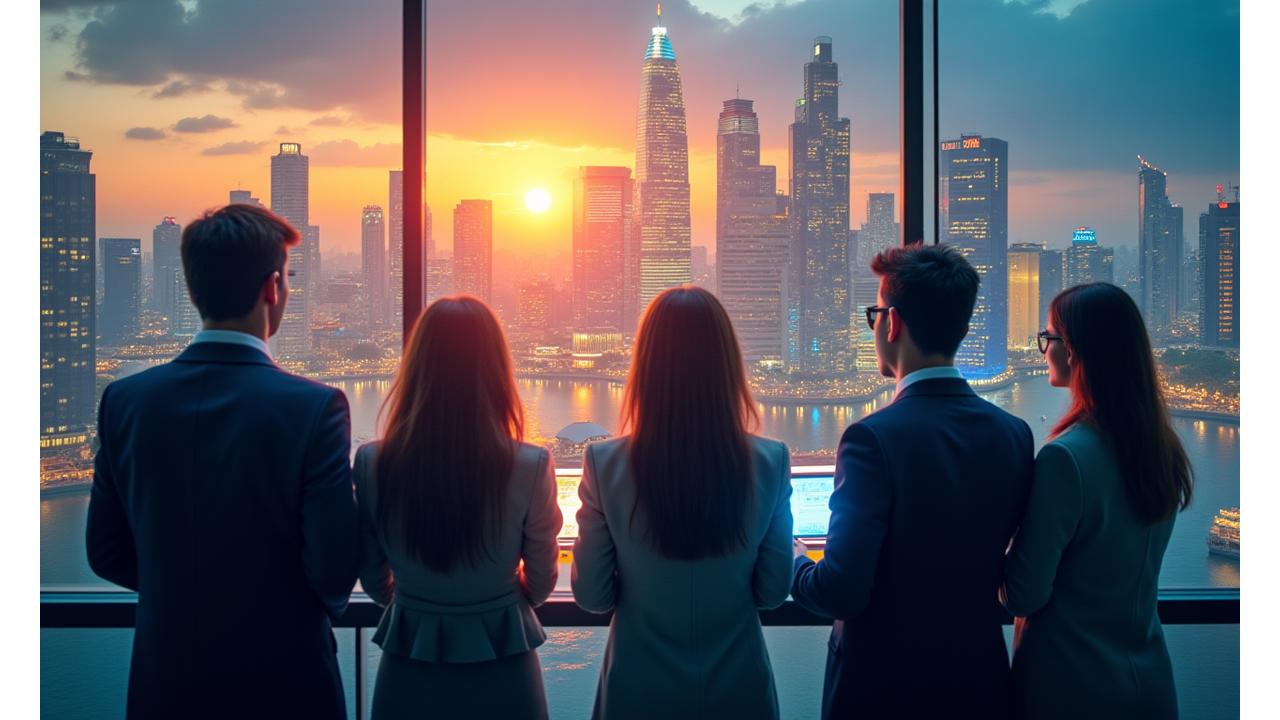 Singapore skyline with diverse expatriates looking confidently at financial charts