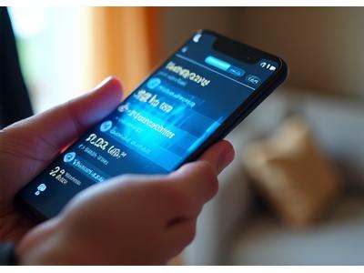 Person holding a smartphone displaying an AR overlay showing budgeting data projected onto their actual living room, with virtual expense categories popping up.