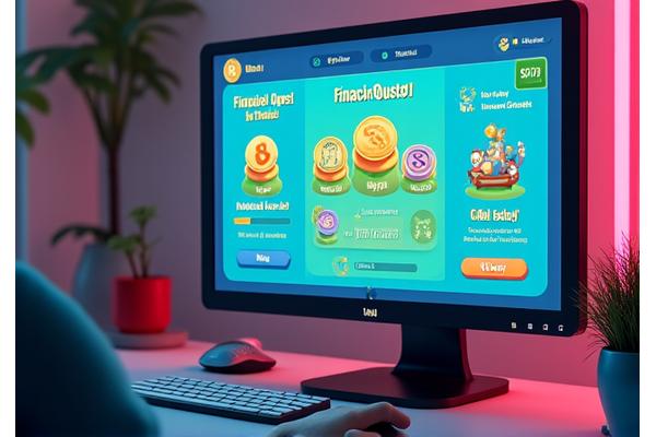 User interface of a gamified financial learning platform showing coins, progress bars, and achievement badges.